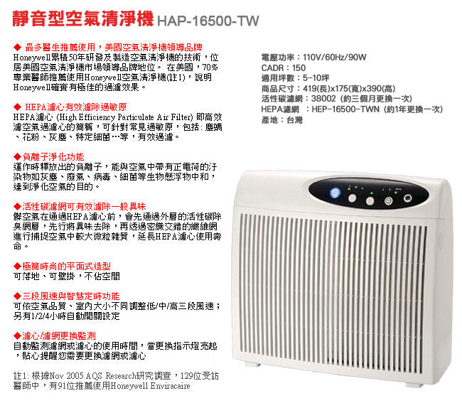 【Honeywell】負離子薄型超靜音空氣清淨機(HAP-16500-TWN)